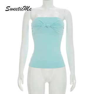 SweeticMe ผู้หญิง 2026 ใหม่แฟชั่นสีทึบ Casual Vacation Knot Tube Tops + กางเกงขาสั้นชุด