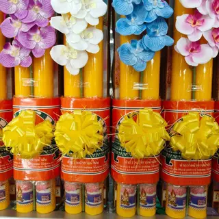 เทียนพรรษา เทียนคู่ เบอร์ 5X60 ซม. พร้อมผ้าอาบ ตกแต่งสวยงาม ราคาชุดละ