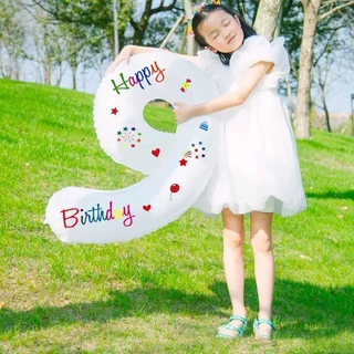 ขาว ลูกโป่งตัวเลข（ตัวเลข 0-9 ） ลูกโป่งฟอยล์ สีขาวพิมพ์ลายด้านเดียว อลูมิเนียมฟอยล์ วันเกิด ตัวอักษร 32นิ้ว
