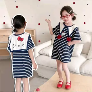 พร้อมส่งจากไทย ชุดเดรสเสื้อยืดลายทางคอปก สำหรับเด็กผู้หญิง ลายการ์ตูนน่ารัก สวมใส่สบาย🎈