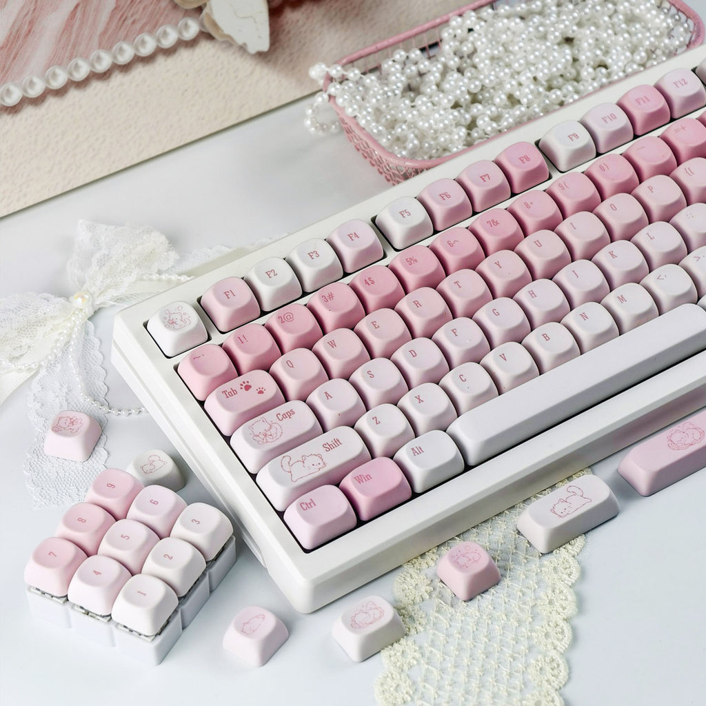 MAIMOOO สีชมพูไล่โทนสีแมว Keycap MOA/เชอร์รี่โปรไฟล์ 120 คีย์ PBT Dye Sublimation Aula F75 Ajazz AK820 การ์ตูนรอบ EN/TH/KR Keycaps หวานน่ารักลูกแมว Keycaps