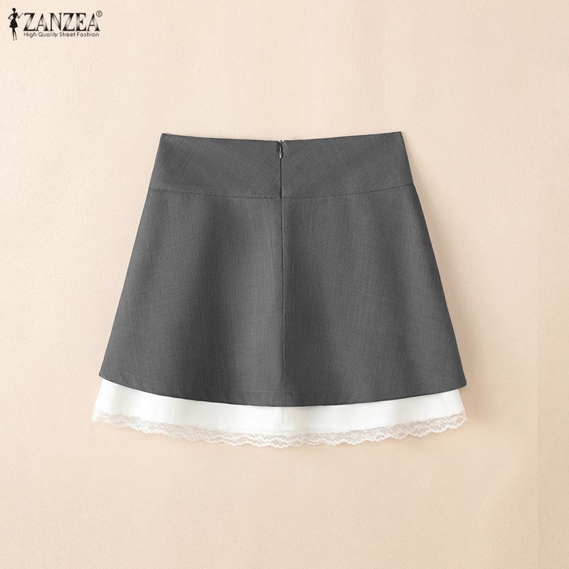 ZANZEA ผู้หญิงเกาหลีหวานวิทยาลัยสไตล์เอวสูง Tie-Up Bows จีบลูกไม้ Splicing A-Line Oversirt — صورة 8