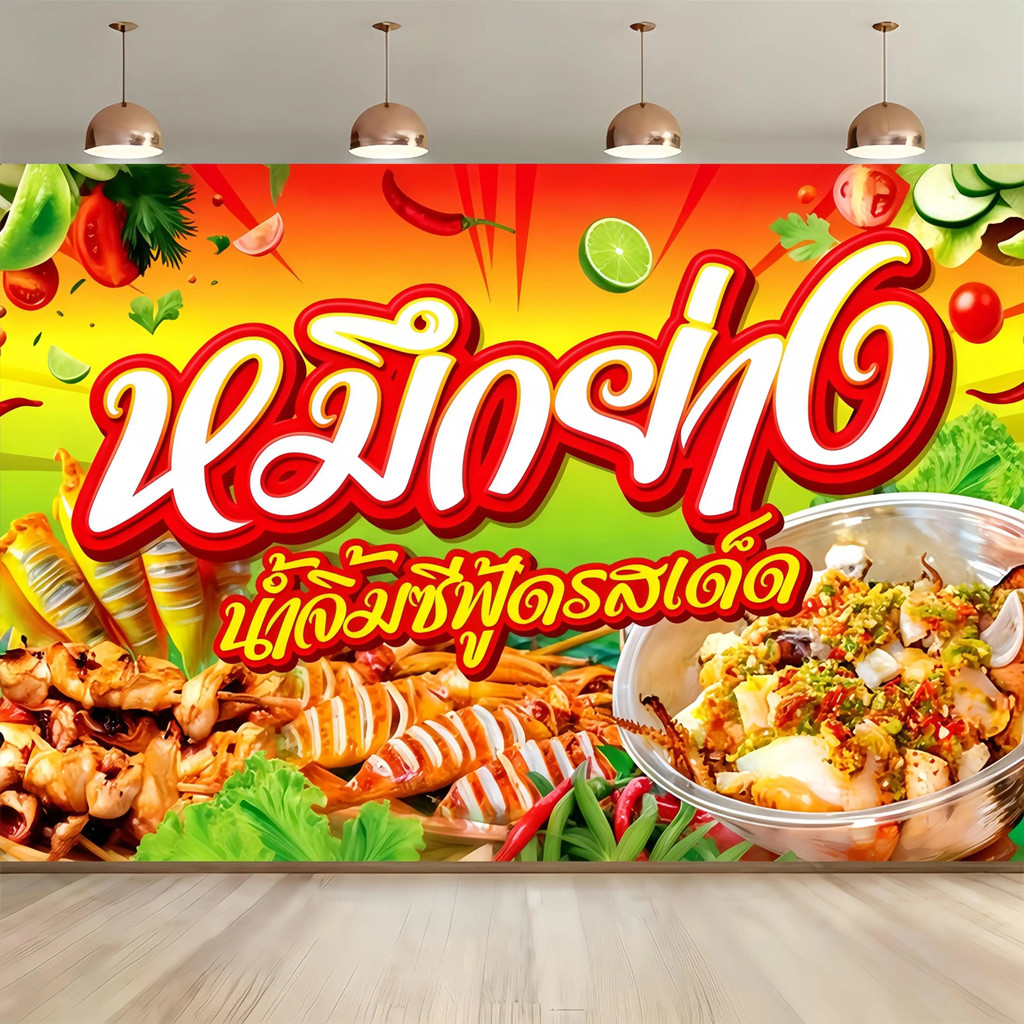 ปลาหมึกย่างป้ายผ้า,ป้ายตลาดกลางคืน,ร้านปลาหมึกย่างโฆษณาผ้าตกแต่ง ปลาหมึกเสียบไม้