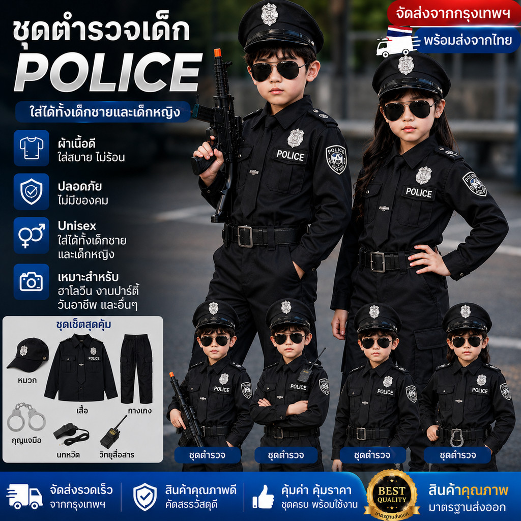 พร้อมส่ง ชุดตำรวจเด็กSWAT ผ้านุ่มใส่สบาย ชุดคอสเพลย์เด็กสุดเท่ เหมาะสำหรับฮาโลวีน งานโรงเรียน ปาร์ตี้ จัดส่งเร็วจากไทย