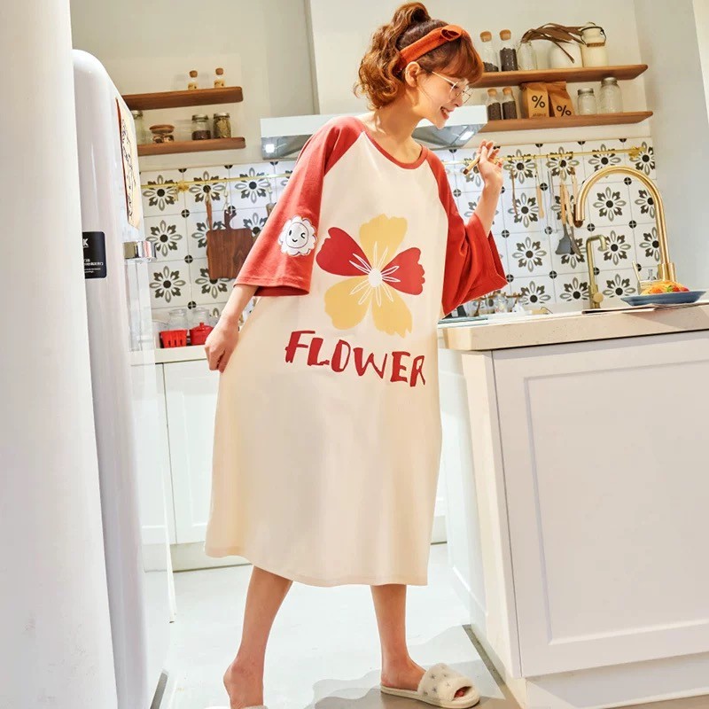 EV131/E295 สีแดงแอปริคอทคลอดบุตรเสื้อยืด Nightdress กระโปรงคลอดบุตร M90-130 L140 XL150