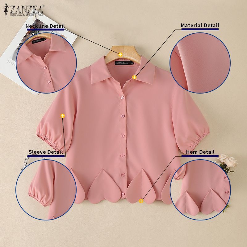 ZANZEA เสื้อผ้าผู้หญิงแฟชั่นลําลองเกาหลี Turn-down Collar แขนสั้น Heart 3D ดอกไม้ตกแต่งเสื้อ — صورة 7