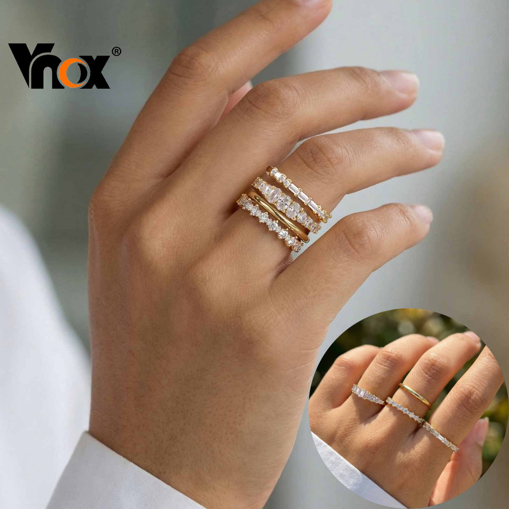 Vnox สแตนเลสสตีล Cubic Zirconia แหวนชุดสําหรับผู้หญิง, 4 ชิ้น Stackable Non-Tarnish Hypoallergenic เครื่องประดับของขวัญ