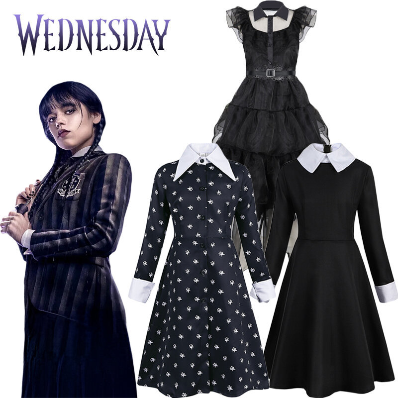 BBThe Addams Family คอสเพลย์เครื่องแต่งกายวันพุธ Addams ชุดสตรีสาววินเทจสีดําชุดโกธิคปกชุดยาว