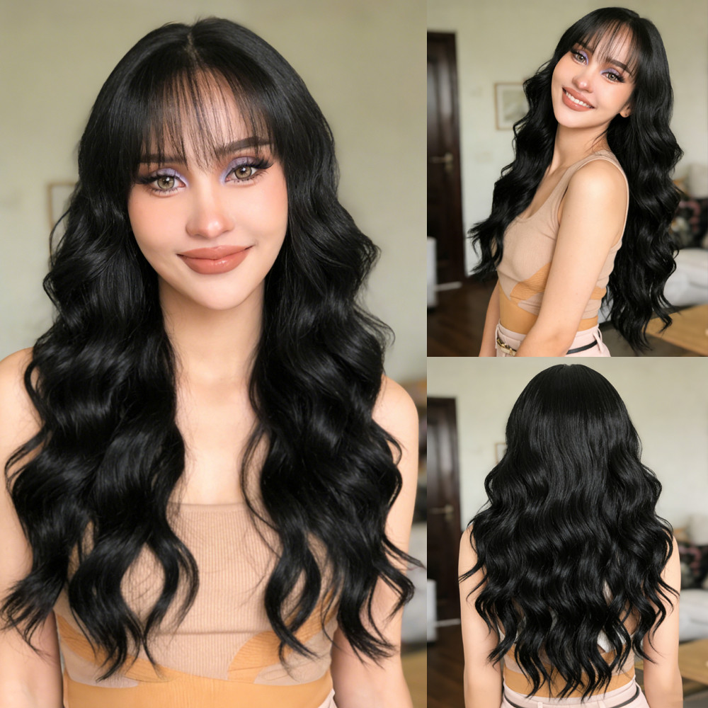Trueme 20 นิ้ว 13x4x1 T Lace Part Body Wave วิกผมสังเคราะห์กับ Bangs สําหรับผู้หญิง, สีดําธรรมชาติ, 