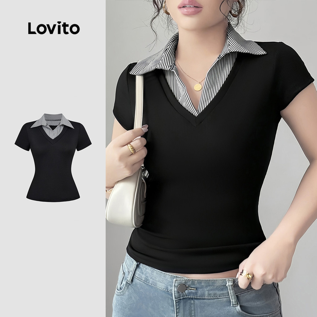 Lovito เสื้อยืดเปปปี้ คอคอนทราสต์ เนื้อผ้าติดต่อลายเย็บ แขนยาวสำหรับฤดูใบไม้ผลิ/ฤดูร้อน L155ED843
