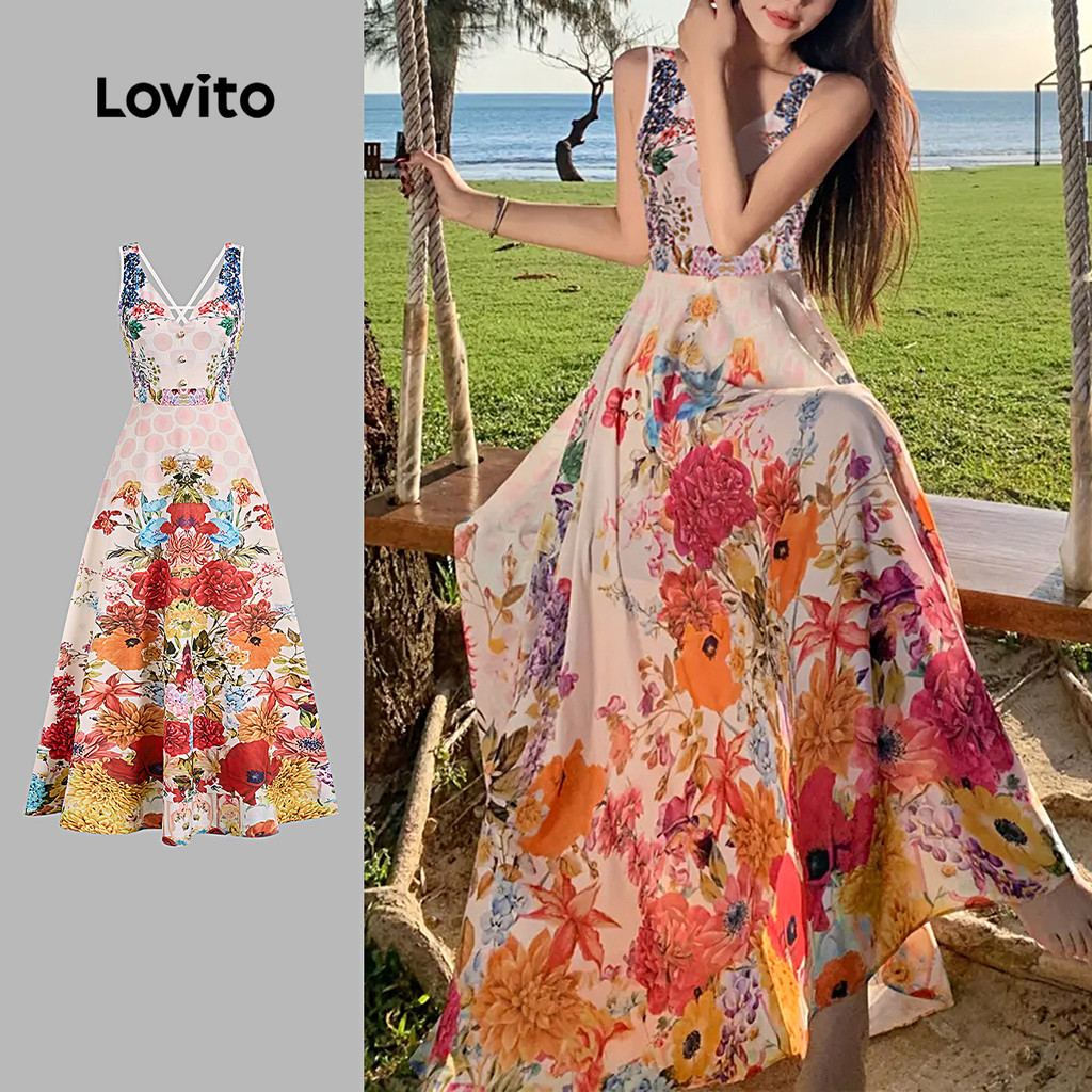 Lovito เดรสสไตล์โบโฮแบบผูกเชือก สำหรับฤดูใบไม้ผลิ/ฤดูร้อน สำหรับผู้หญิง L149LD474