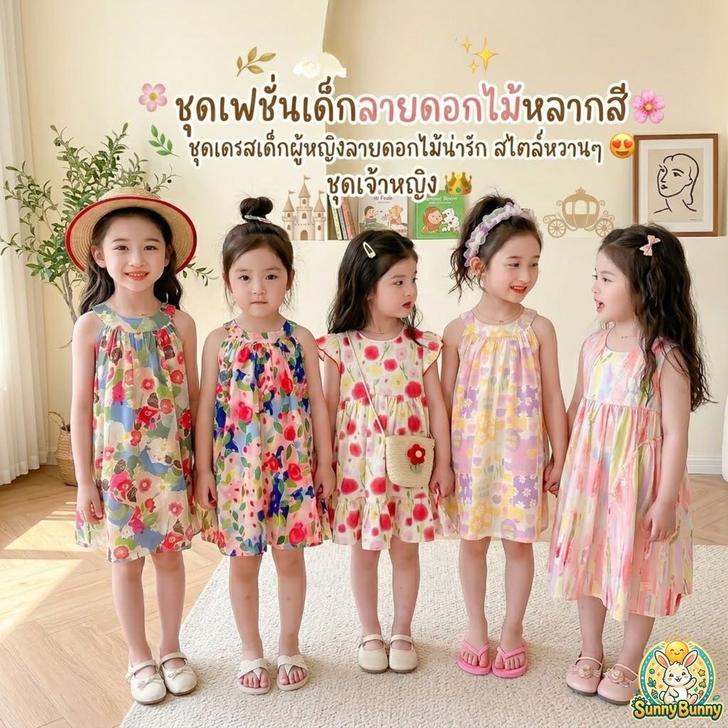 พร้อมส่ง  ชุดเเฟชั่นเด็กลายดอกไม้หลากสี  ชุดเดรสเด็กผู้หญิงลายดอกไม้น่ารัก สไตล์หวานๆ ชุดเจ้าาหญิง ผ้าใส่สะบาย
