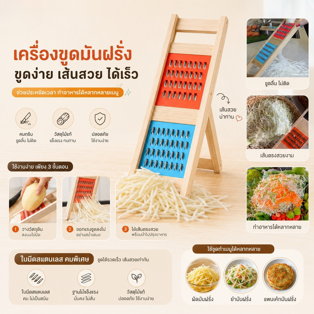 🥕 พร้อมส่ง ที่ขูดอาหารชุดไม้ มือจับไม้ธรรมชาติ ขูดผักผลไม้ง่าย สำหรับสลัดอาหารสุขภาพ  S00140
