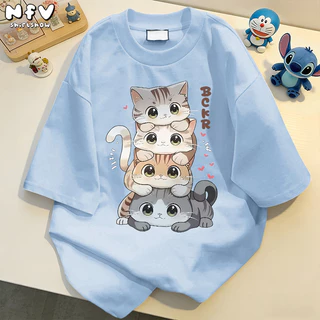 【จัดส่งตลอด 24 ชั่วโมง】NFV สไตล์เกาหลี💙เสื้อยืด ระบายอากาศ ลายแมวน่ารัก Oversized สะดวกสบาย ผ้าฝ้าย100% YG470