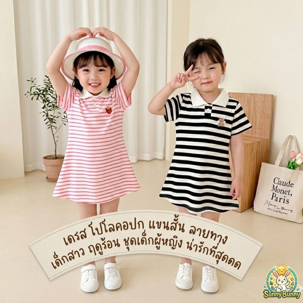เดรส โปโลเสื้อแขนสั้น ลายทาง เด็กหญิงน่ารัก ฤดูร้อน ชุดเด็กผู้หญิง 2ขวบ 3ขวบ 4ขวบ 5ขวบ 6ขวบ 100-140เซ็น