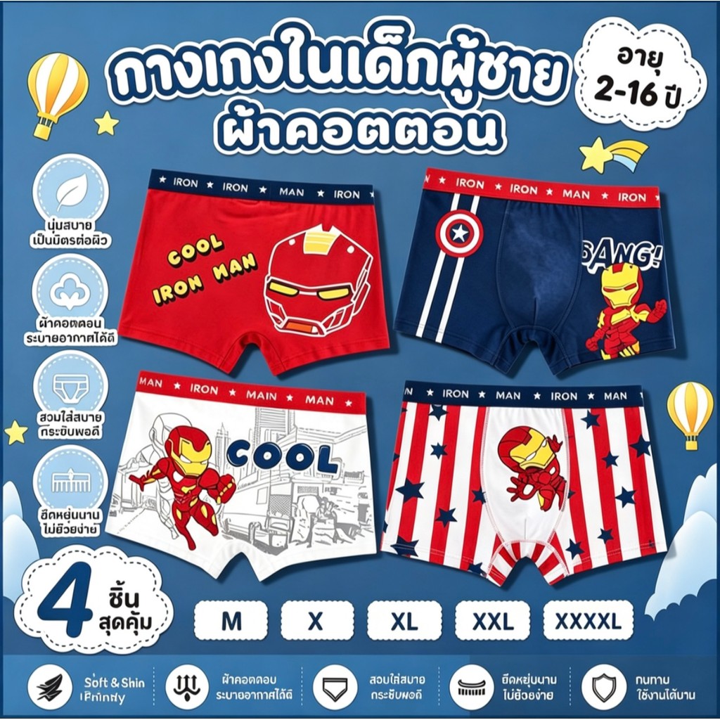 [ข้อเสนอพิเศษ 4 แพ็ค] กางเกงบ็อกเซอร์เด็กชายการ์ตูนฤดูร้อนสบายระบายอากาศได้เด็กเด็กนักมวย