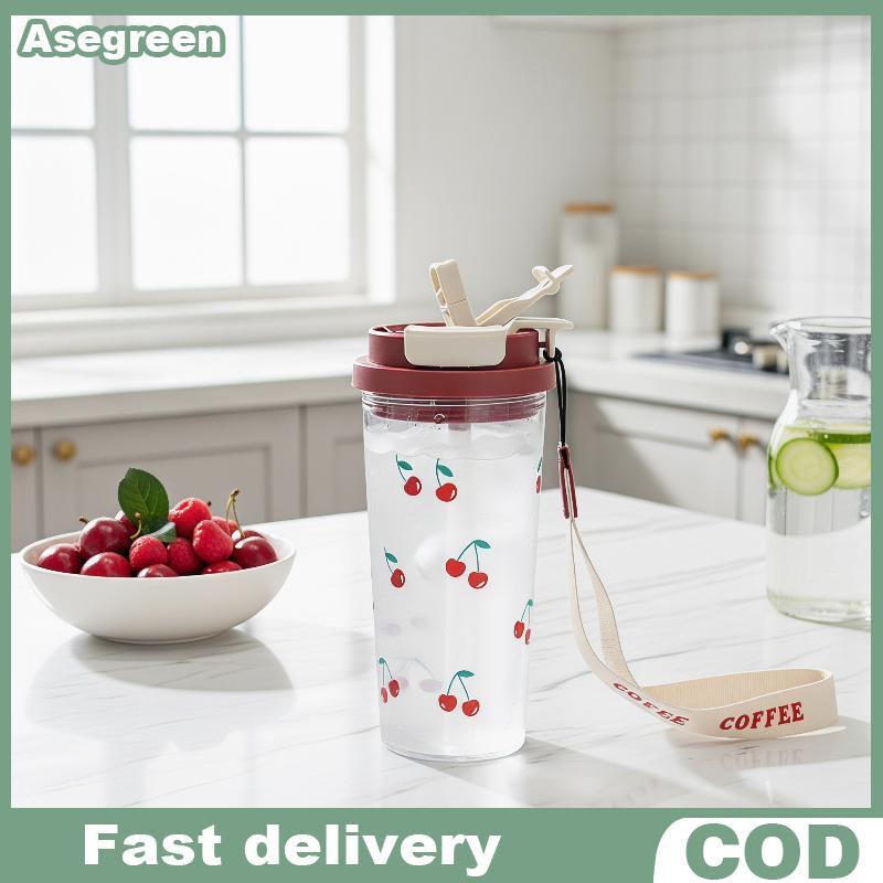 [Asegreen] ขวดน้ําฟางคู่ 580Ml น่ารักเชอร์รี่ถ้วยพลาสติกรั่วซึมสําหรับโรงเรียนเดินป่าขี่จักรยานวิ่งกลางแจ้ง