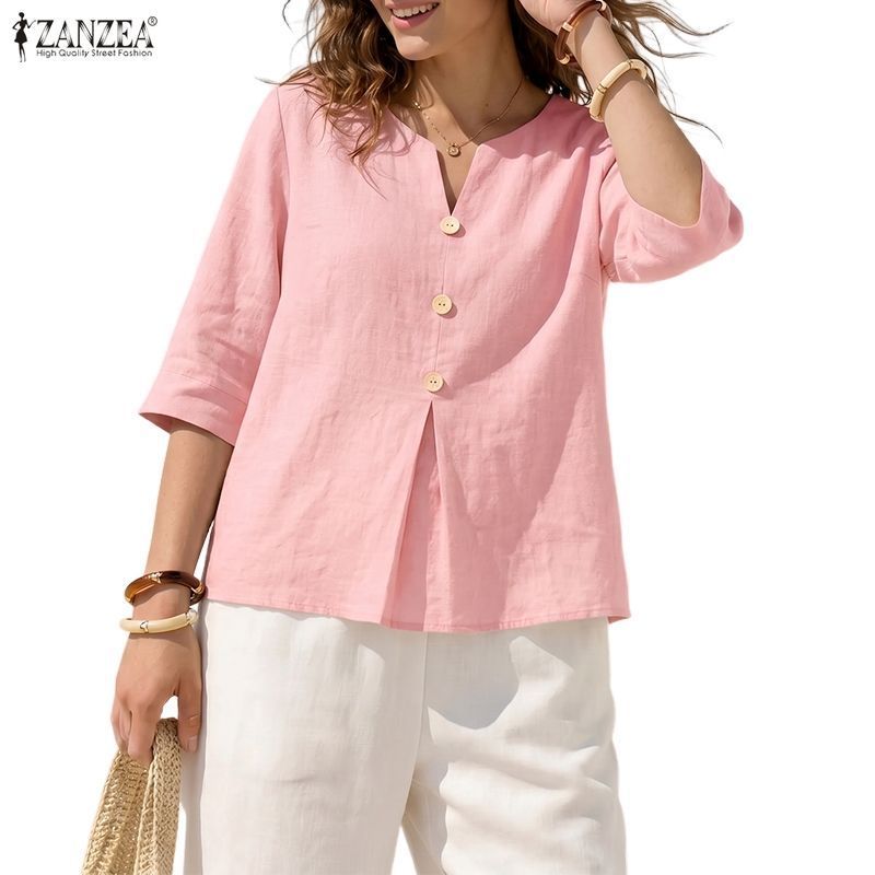 ZANZEA ซานเซีย แฟชั่นสตรีผ้าฝ้ายคอวีครึ่งแขนเสื้อหลวมแข็ง — صورة 6