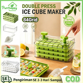 Purrhappy 84 Grid 3 Tray Cetakan Es Batu Kotak Ice  Cetakan Es Batu Tekan Ice Cube Container Tutup Kedap Udara Free Sekop Es Ice Tray Box Dengan Press Handle Sekali Tekan BPA Free