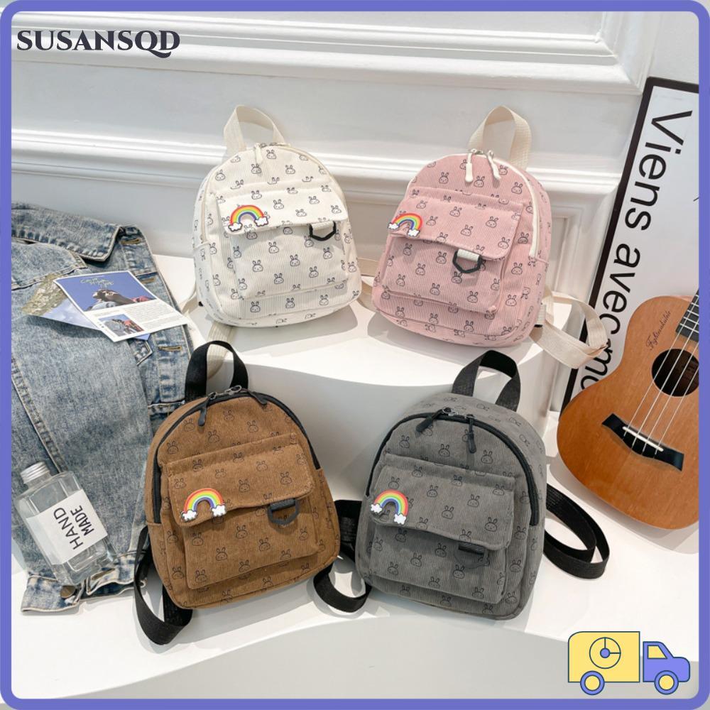 SUSANSQD กระเป๋าเป้สะพายหลังขนาดเล็ก, สายสะพายไหล่ปรับได้ Corduroy กระเป๋านักเรียนขนาดเล็ก, แฟชั่นซิปการ์ตูนพิมพ์ผู้หญิงกระเป๋าเป้สะพายหลังผู้หญิง