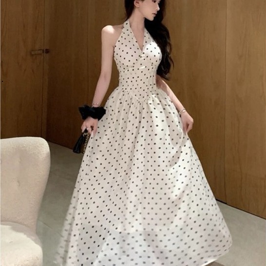 DCB1 EXTREMELY BEAUTIFUL Y2K เดรสผ้าชีฟองลายจุดคอปกสายเดี่ยวสําหรับออกไปข้างนอก ไปเที่ยวทะเล และการเ