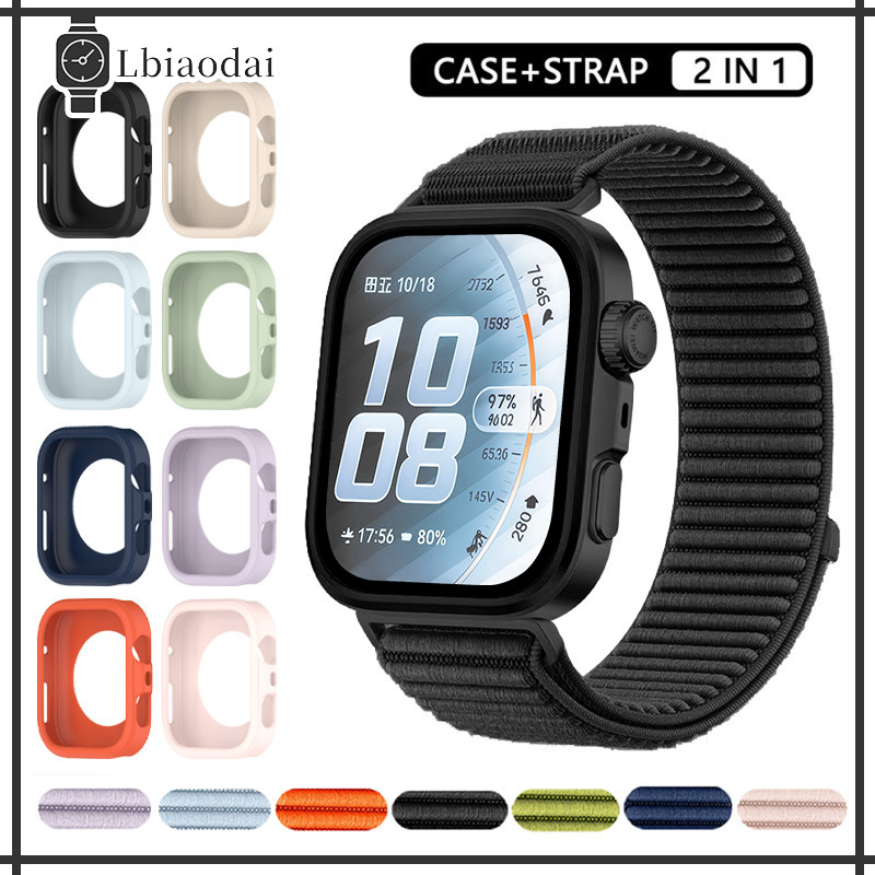 กรณีซิลิโคน + สายไนลอน for Huawei Watch Fit 5 4/5 4 Pro/3 ยางป้องกันหน้าจออ่อนฝาป่าและรูปแบบภูเขาวง