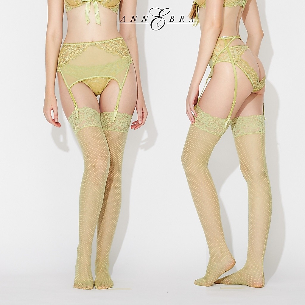 Annebra ถุงน่อง ผ้าเน็ตลายจุด แต่งขอบผ้าลูกไม้ยืด Lace Stocking รุ่น AA2-081 Green Light Petal
