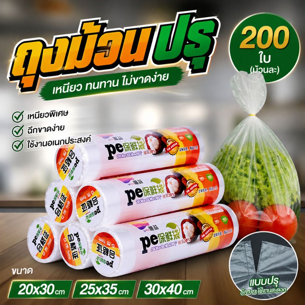 ถุงม้วนปรุ ถุงกระตุก 200ใบ PE เกรดอาหาร ดึงฉีกตามรอย ใช้ในครัว แช่ตู้เย็น แพ็คอาหารได้สารพัด