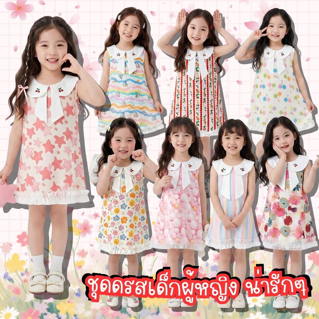Dolemi Baby  ชุดเดรส ลูกสาว  เนื้อผ้าเบา ไม่ยับ แขนกุด คอปก ปักลายเชอร์รี่ พิมพ์ลาย สวมใส่สบาย โพลีเอสเตอร์