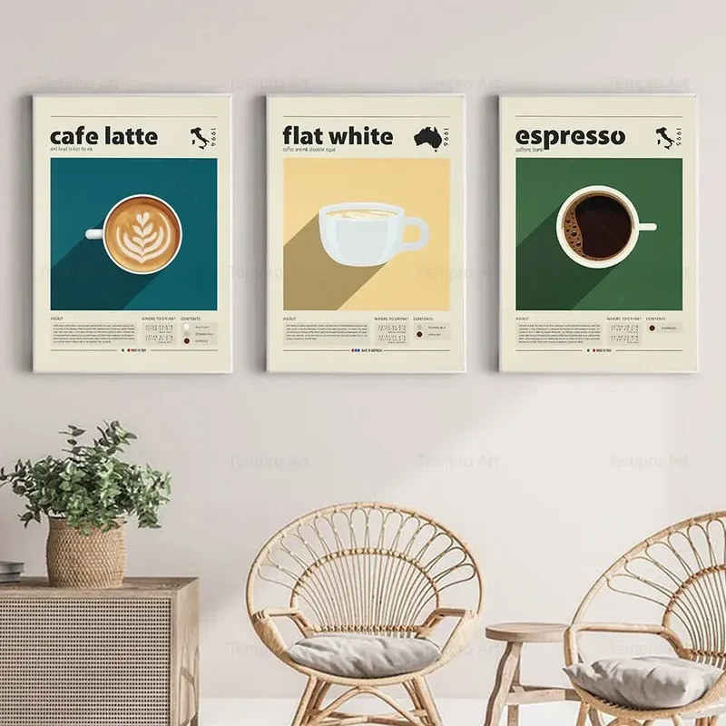 FF77 Vintage กาแฟโปสเตอร์ผ้าใบภาพวาด Cafe Latte Mocha Frappe พิมพ์พิธีขึ้นบ้านใหม่ห้องครัวตกแต่งบ้าน