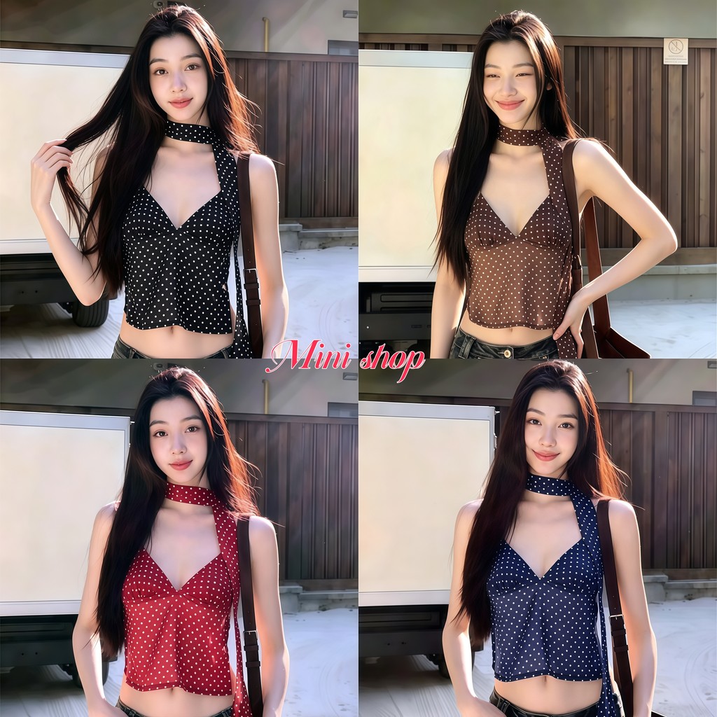 Mini shop พร้อมส่ง เสื้อคล้องคอ คอวี คล้องคอ ลายจุด ผ้าใส่ระบายอากาศดี -FY6197