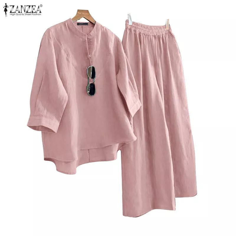 ZANZEA ซานเซีย ผู้หญิงเกาหลีลําลองสีทึบยืนปก3/4แขนด้านหน้าสั้นกลับยาวเสื้อ+กางเกงขากว้างชุดหลวม