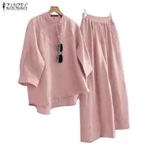 ZANZEA ซานเซีย ผู้หญิงเกาหลีลําลองสีทึบยืนปก3/4แขนด้านหน้าสั้นกลับยาวเสื้อ+กางเกงขากว้างชุดหลวม