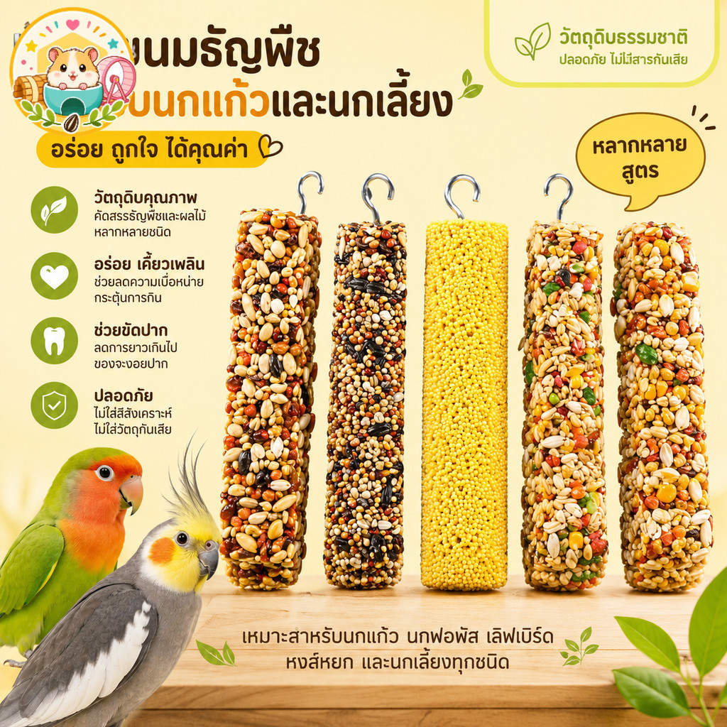 Hamster.lover ขนมนกแท่งออร์แกนิก ขนมธัญพืชขัดปากนกฟอพัส เลิฟเบิร์ด หงส์หยก นกแก้ว ปลอดภัยไร้สารกันเสีย