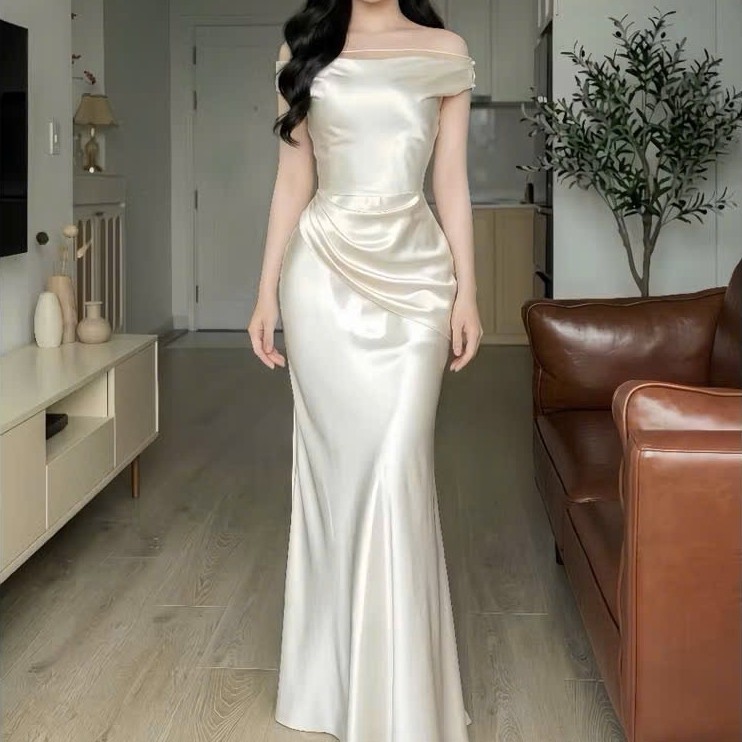 VM HOTUBE - DP19 FLAT SHOULDER SHRIMP WAIST WITH BOW TAG, PLAY DRESS, PARTY DRESS, EXTREMELY LUXURY EVENT DRESS