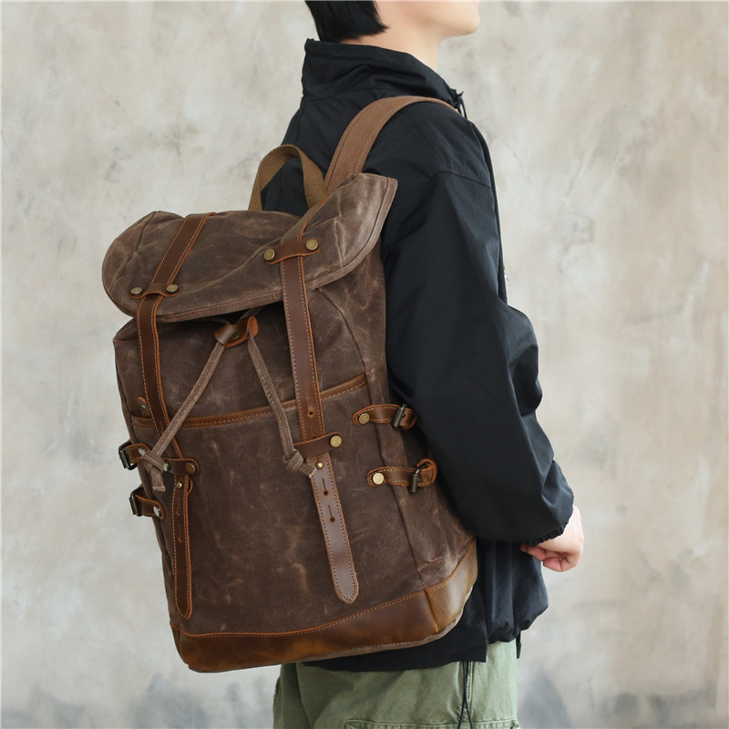 American Retro Oil Wax Canvas Bag Mens Bag Mountaineering Travel Outdoor Backpack Crazy Horse Leathe
