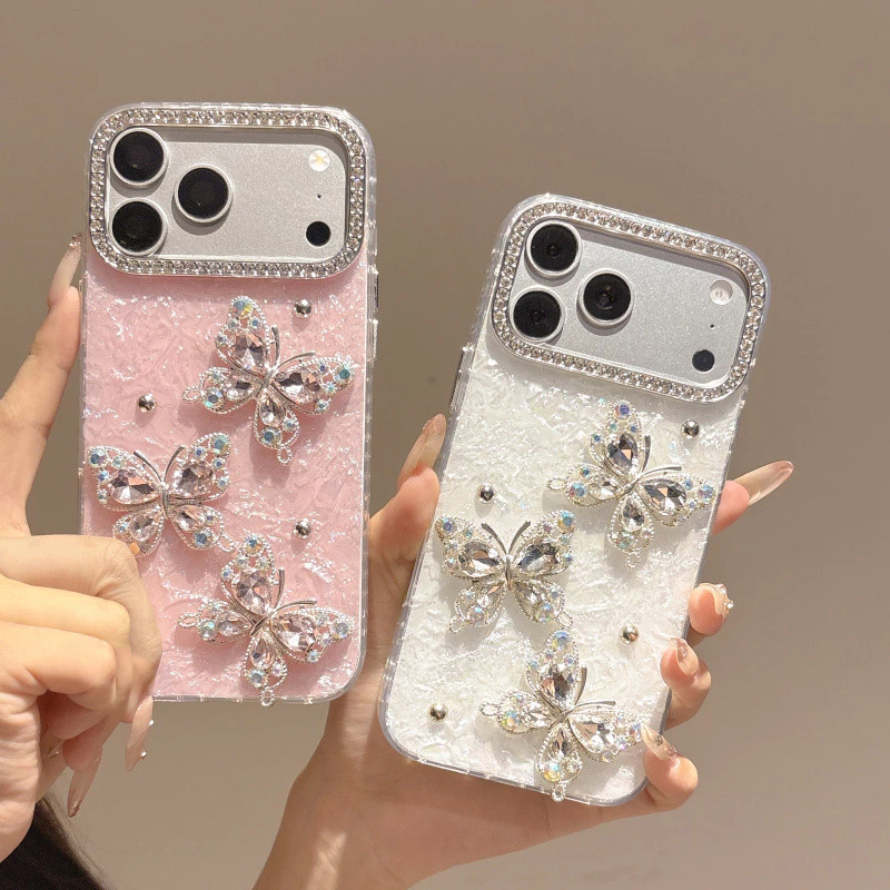 3D Rhinestone ผีเสื้อ IMD รูปแบบเคสโทรศัพท์สําหรับ iPhone 17 16 15 14 13 12 11 Pro Max