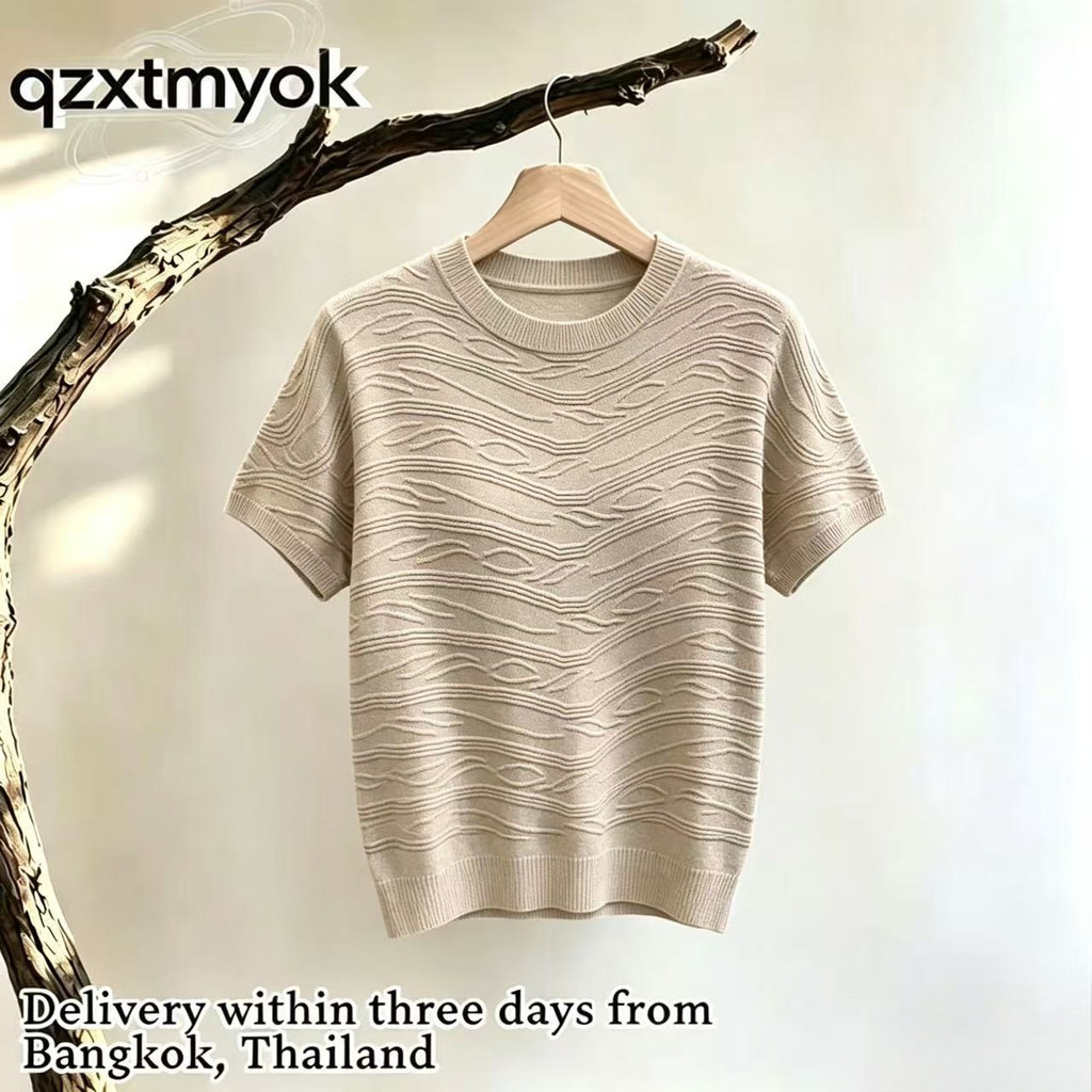 เสื้อยืดแขนสั้นถักผู้หญิง - เสื้อคอลูกเรือเนื้อคลื่นลําลองทรงหลวมสําหรับฤดูร้อน