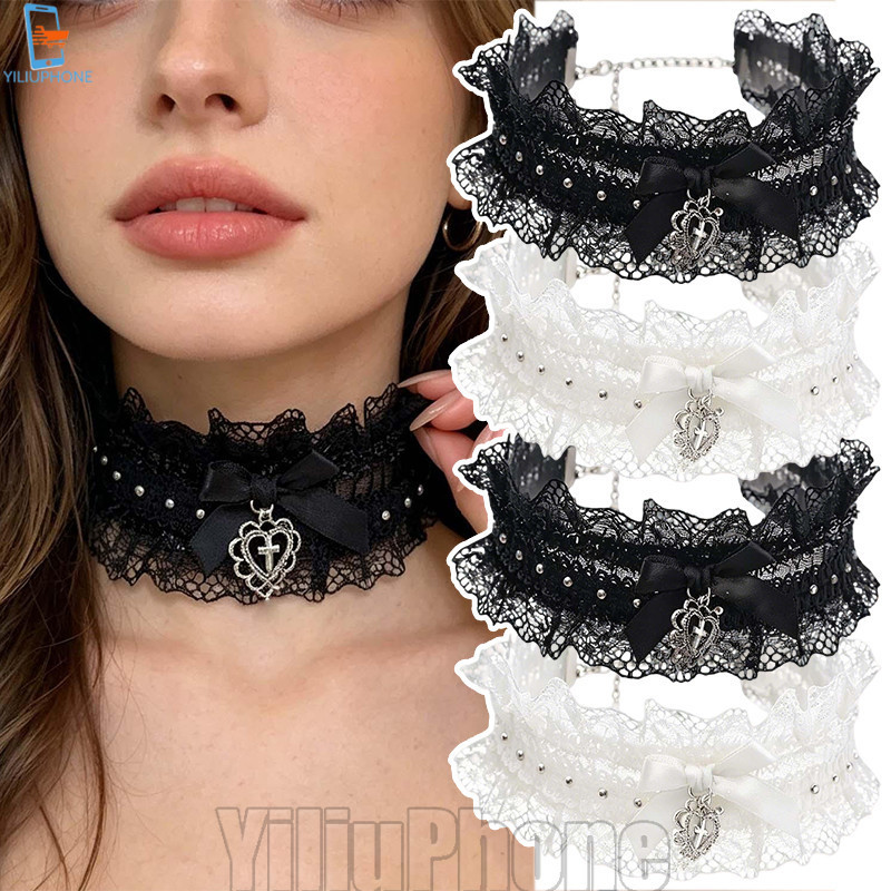 [Bless] 4-1 ชิ้น Goth Black Lace Choker - เครื่องประดับคอปก - ตกแต่งคอปรับได้ - จี้หัวใจ - เครื่องปร