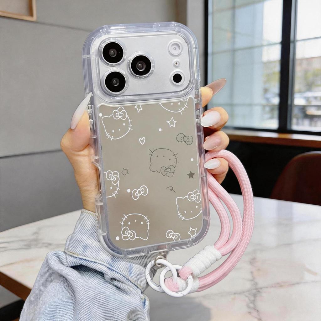 เคสไอโฟนกระจกลายแมวโบว์ลายเส้นน่ารัก สไตล์มินิมอล เคสกันกระแทก มีสายคล้องมือ สำหรับ iPhone 15 16 17 Pro พร้อมส่-JHYMNYK5