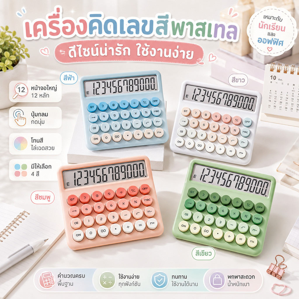 เครื่องคิดเลขปุ่มกลมสีพาสเทลไล่สี หน้าจอใหญ่ 12 หลัก ขนาด 150×120 มม. สำหรับนักเรียนและออฟฟิศ