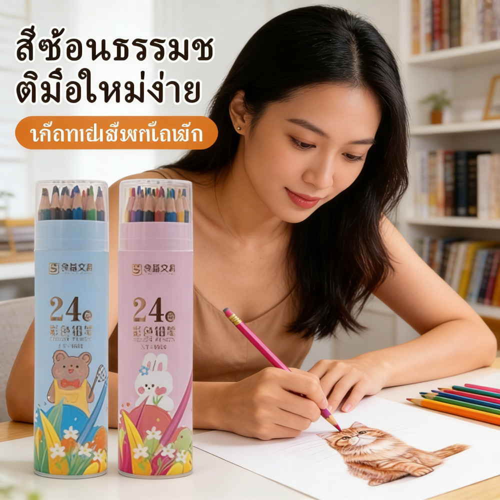 ชุดดินสอสี 24 สีนักเรียนจิตรกรรมมืออาชีพการสอบศิลปะไม่ง่ายที่จะทำลายไส้ตะเกียงกันน้ำปลอดภัยปลอดสารพิษ