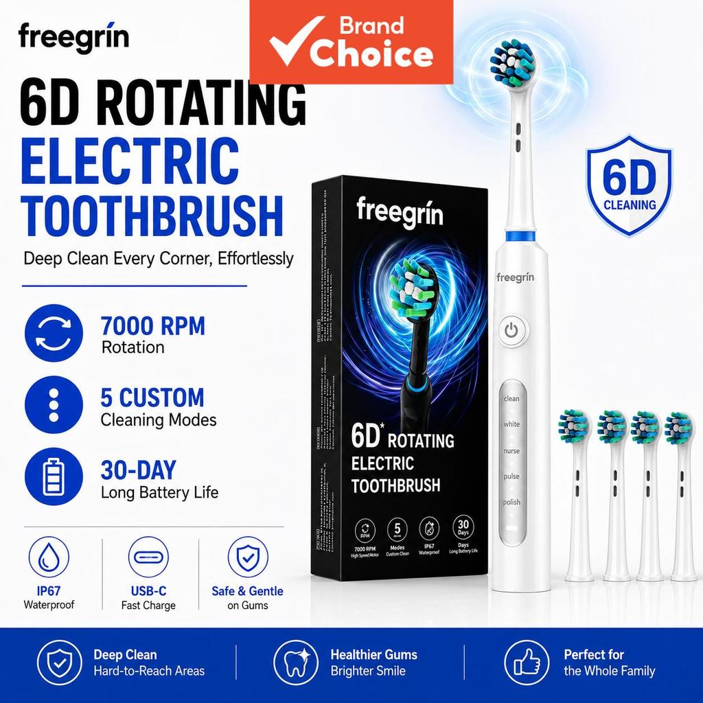 FREEGRIN แปรงสีฟันไฟฟ้าหมุน ประสิทธิภาพสูง แรงดันไฟฟ้าทํางาน 3.7V DC มอเตอร์เสถียร ทําความสะอาดรอบทิศทางล้ําลึก ทุกซอกมุมในช่องปาก