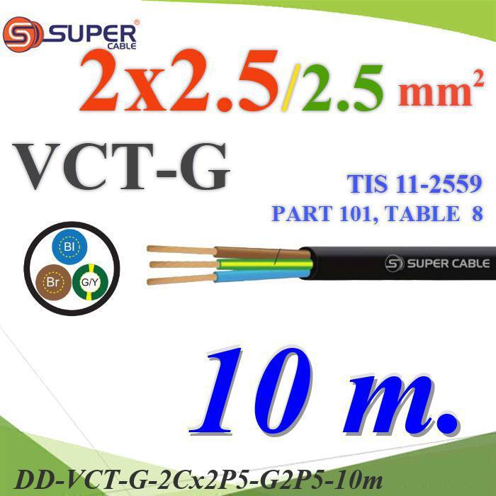 .10 เมตร สายไฟ VCT-G รวม 3 เส้น สายอ่อนฉนวนพีวีซี 2 Core 2.5 mm2 กันน้ำใช้ภายนอกได้ มีสายดิน 2.5 mm2