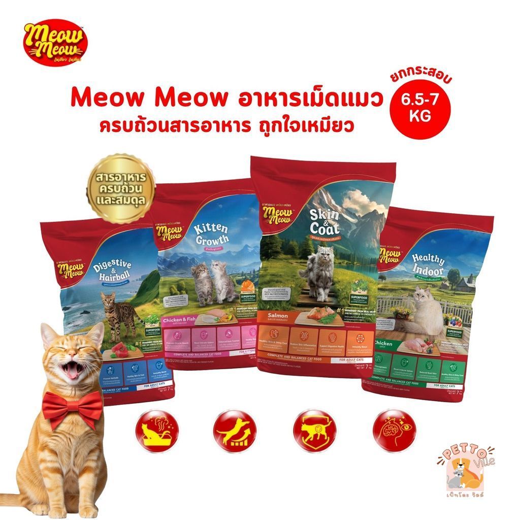 (ยกกระสอบ) Meow Meow เหมียว เหมียว อาหารเม็ดสูตร Superfood สำหรับลูกแมวและแมวโต ไม่มีผลพลอยได้จากสัตว์ ขนาด 6.5-7 kg
