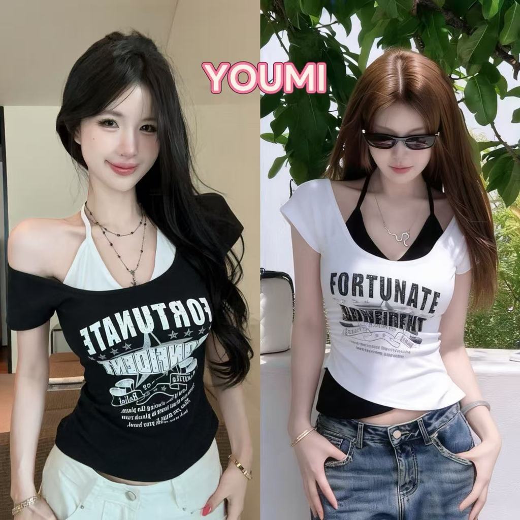 YOUMI ส่งไวจากไทย 2สี เสื้อแขนสั้น สไตล์เกาหลี พิมพ์ตัวอักษร สายเดี่ยวแบบปลอมสองชั้น หวานเซ็กซี่