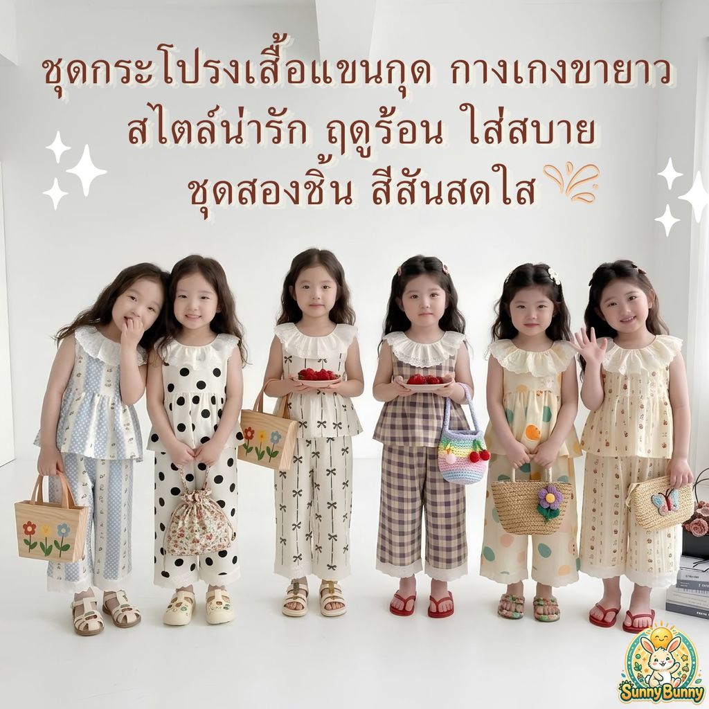ใหม่ล่าสุด ชุดกระโปรงแขนกุด กางเกงขายาง  สไตล์การ์ตูน ฤดูร้อน น่ารัก สบาย ชุดสองชิ้น สไตล์น่ารักสดใส