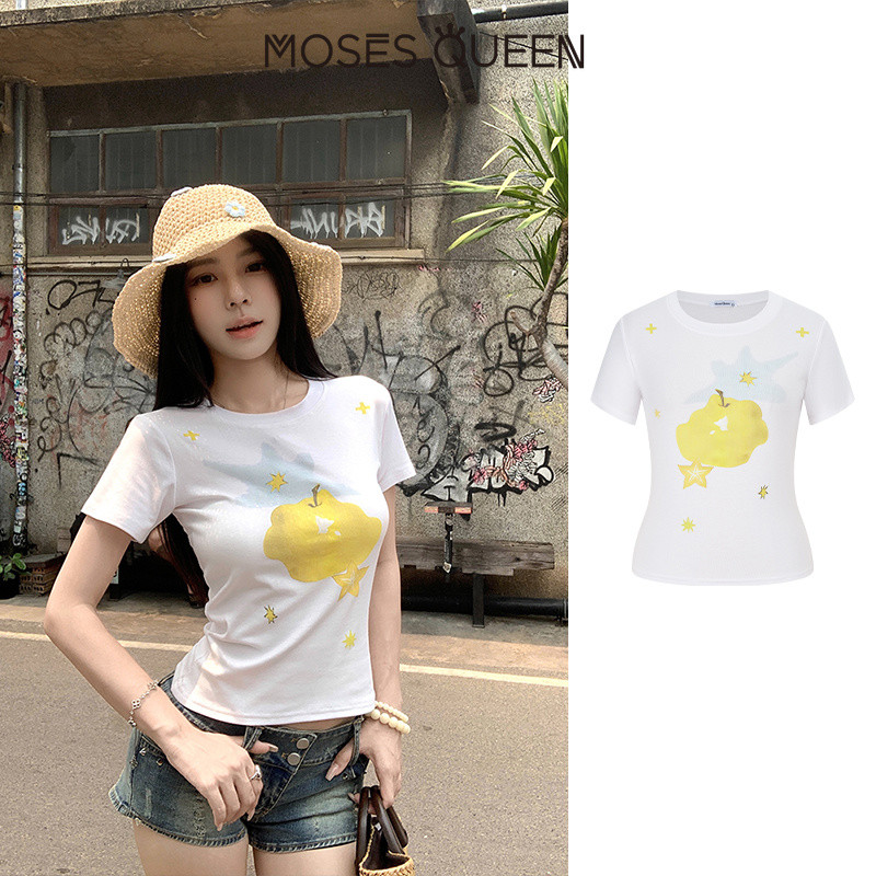 MOSESQUEEN เสื้อยืดแขนสั้นคอกลมพิมพ์ลายดาว สไตล์แฟชั่นผู้หญิง เหมาะสำหรับวันธรรมดากับทุกโอกาส#63647