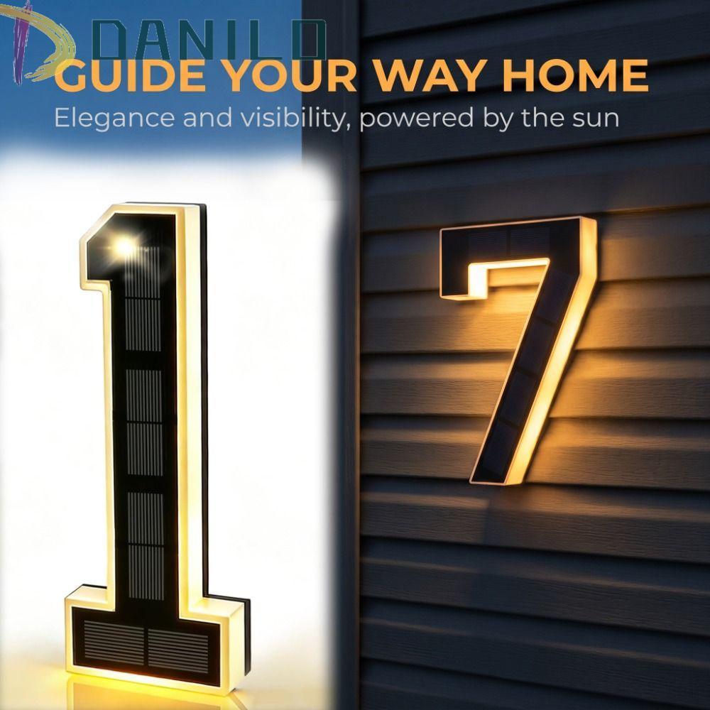 DANILLO LED House Number Plaque, 6.7IN ไม่มีสายไฟพลังงานแสงอาทิตย์ Lighted House Number Light, ป้ายที่อยู่ Illuminated ภายนอกโมเดิร์นกันน้ํา Solar Digital Doorplate Party Centerpiece