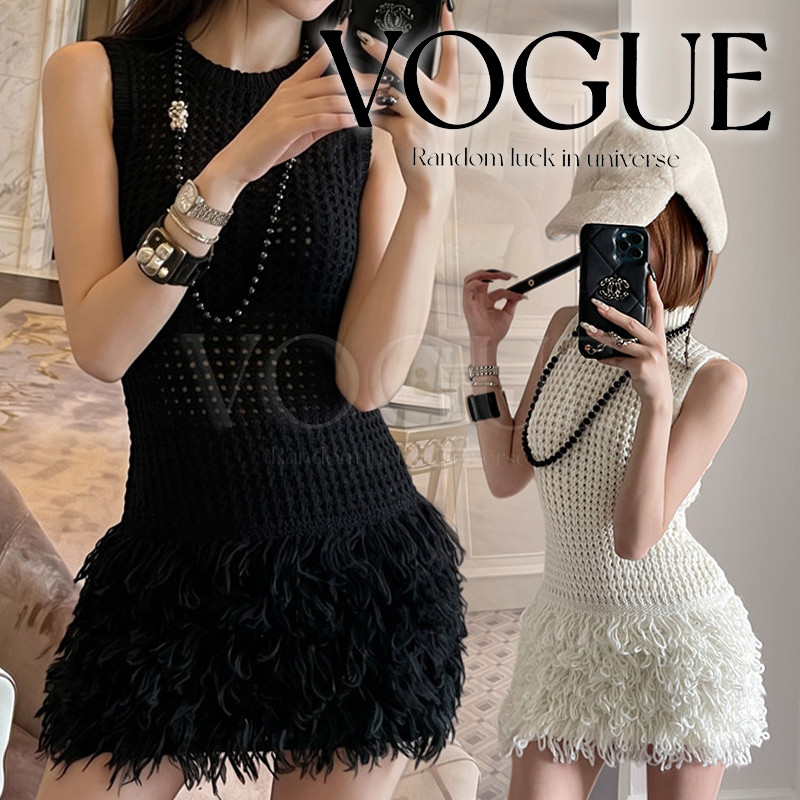 Vogue🌟พร้อมส่ง🌟 ชุดมินิเดรสไหมพรมแขนกุด ดีไซน์ตรงกระโปรงขนฟูฟ่องสุดคิ้ว มีสองสี (56623)